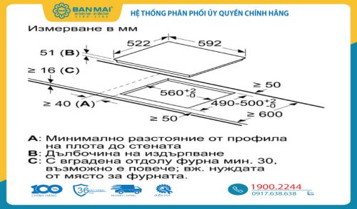 Kích thước khoét đá bếp từ 3 vùng nấu Bosch PUJ611BB1E